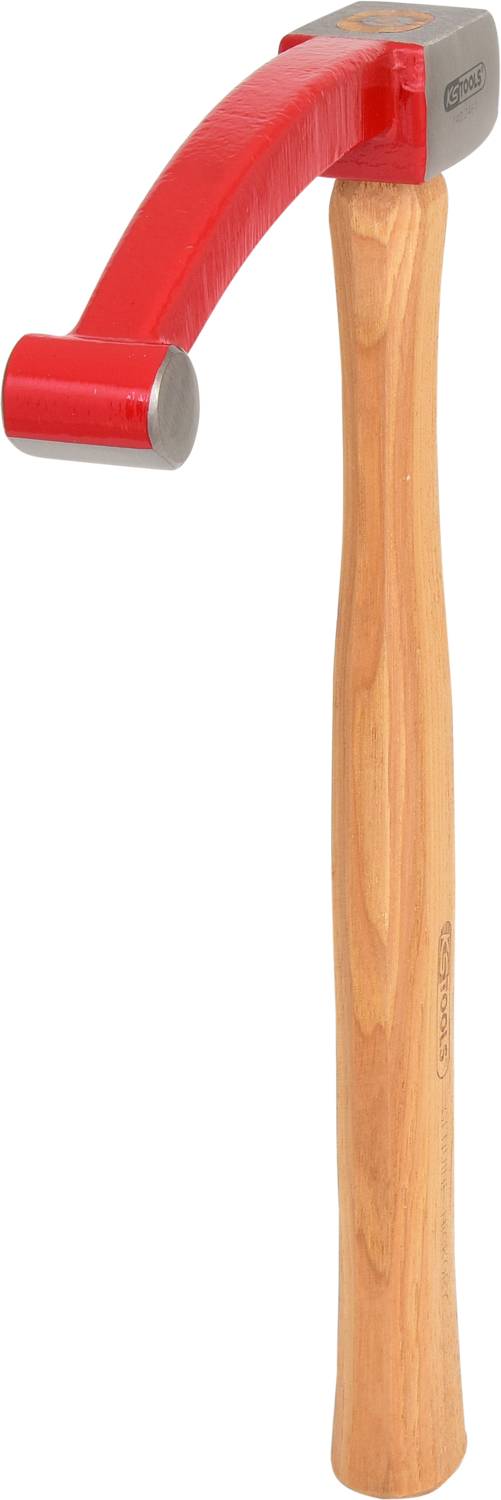 A carpenter's hammer with a red head and wooden handle, suitable for driving in nails.