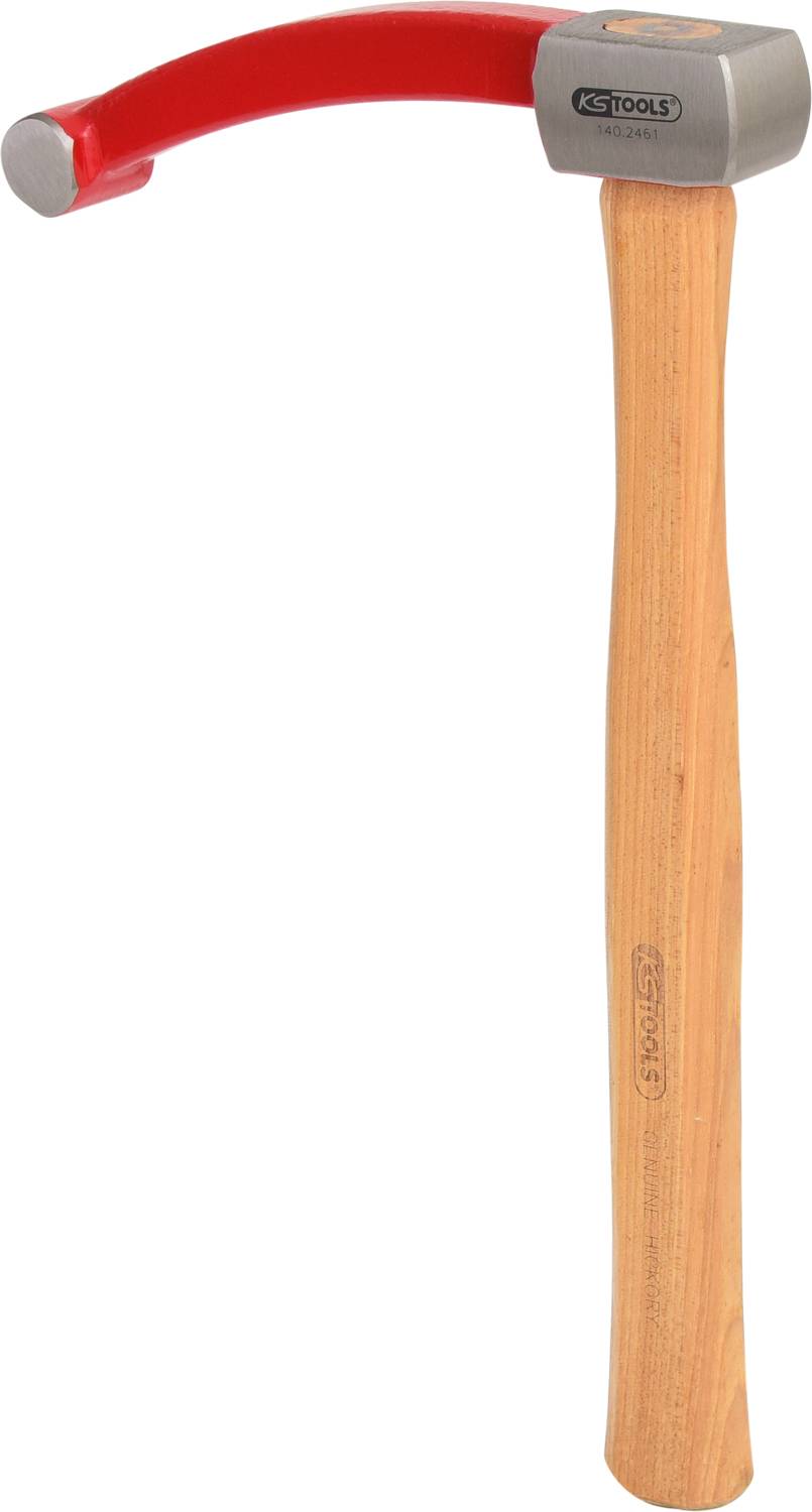 A hammer with a wooden handle and red head, suitable for carpentry work.