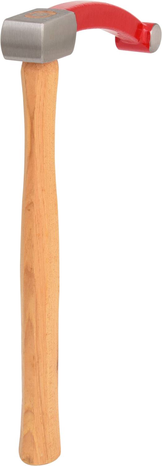 A hammer with a wooden handle and a metallic head, featuring a smooth striking surface and a red-painted nail puller.