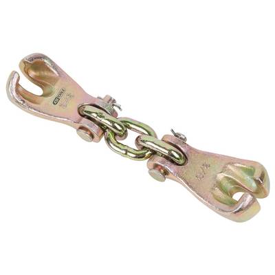 Metal connection with two hooks and a chain, suitable for secure fastening and tensile conditions, rust-resistant.