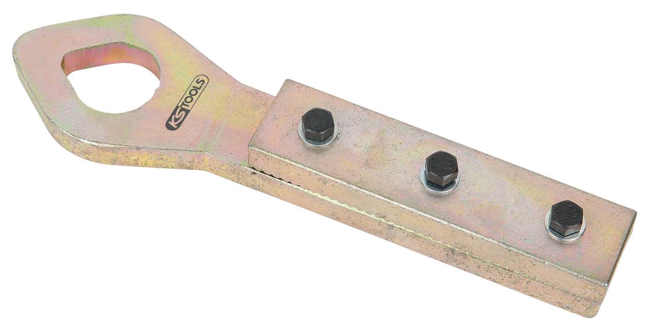 A flat metal tool head with two bolt holes on a short handle. It is frequently used as a spanner.