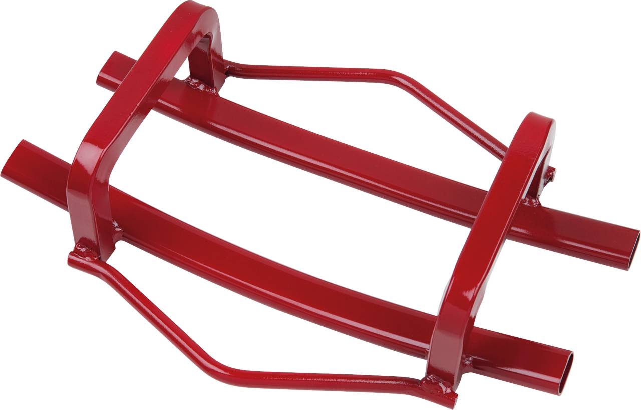 A red, symmetrical metal frame with two curved struts and cross-connections, possibly part of a scaffolding or framework.