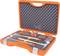 Open, orange toolbox with various tools, primarily hammers, nestled in precisely cut foam inserts.