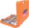 Open orange toolbox; contains hammers, a screwdriver and pliers. Ideal for DIY projects.