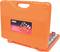 Orange tool case with rounded corners, partially open, revealing tools inside. External sticker shows K-tool product details.