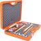 Orange tool case with foam lining, organising various hand tools, including a hammer and spanners.