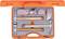 An orange toolbox contains various hammers and tools, neatly arranged in their designated compartments.