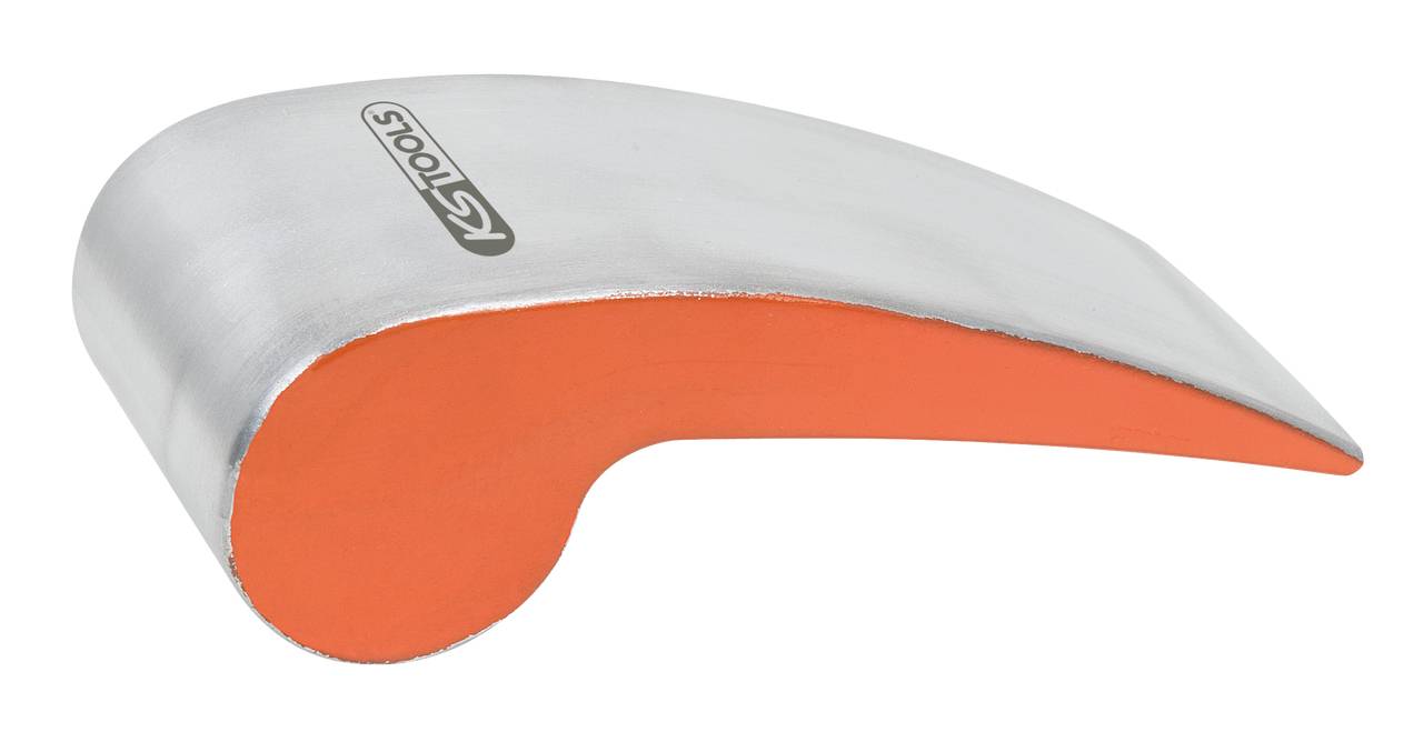 A silver and orange metal tool with a curved shape, possibly a wedge or lever tool.