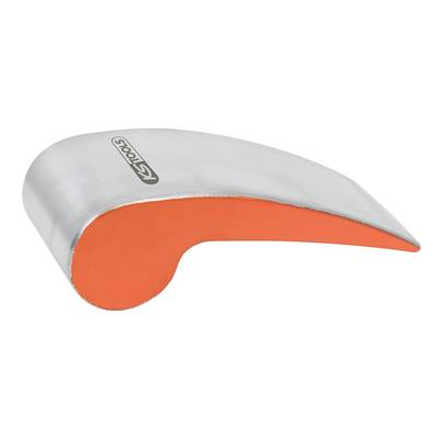 A silver and orange metal tool with a curved shape, possibly a wedge or lever tool.