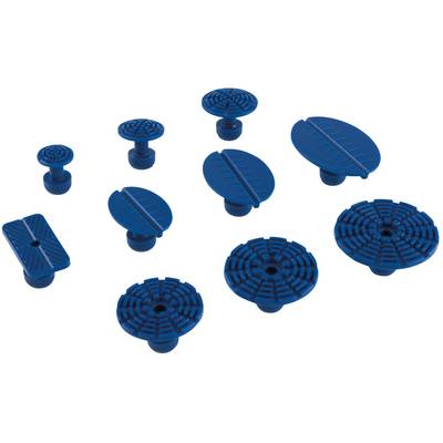 Blue plastic pads in various shapes and sizes, arranged in two rows; potentially used for applications in fixation or sealing.