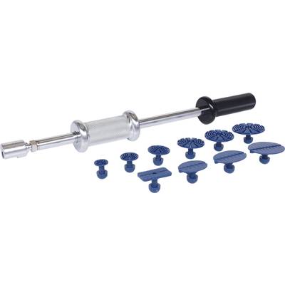 A dent removal tool set with a sliding hammer rod and several blue attachments for bodywork repair.