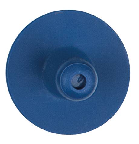 Blue round plastic wall plug on a white background, top-down view.