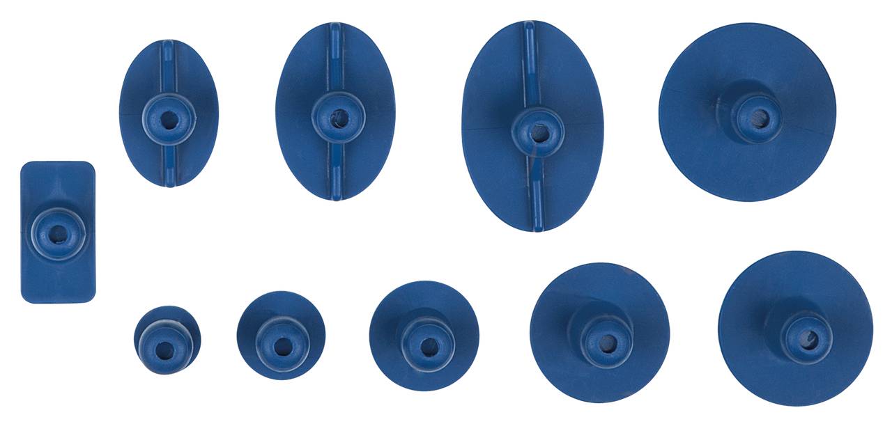 Various blue suction cups in different shapes and sizes, arranged evenly, on a white background.