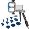 A kit with a compressed air gun and several blue attachments for removing dents from car bodywork.