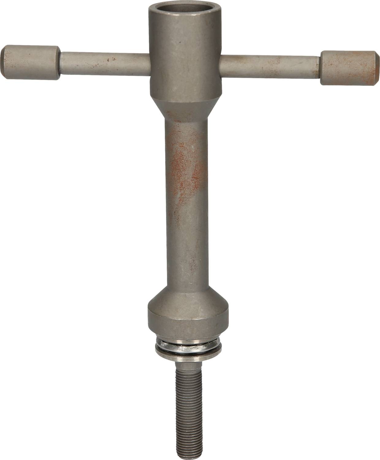 Metal tool with a T-shaped handle and screw thread at the bottom, used for tightening or loosening screws.
