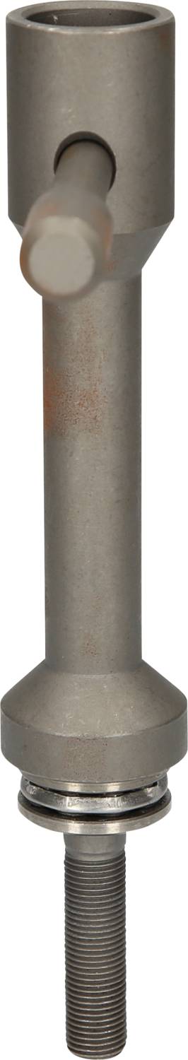 Metal piece with a cylindrical shape, a threaded bolt at the bottom and a side lever in the middle.