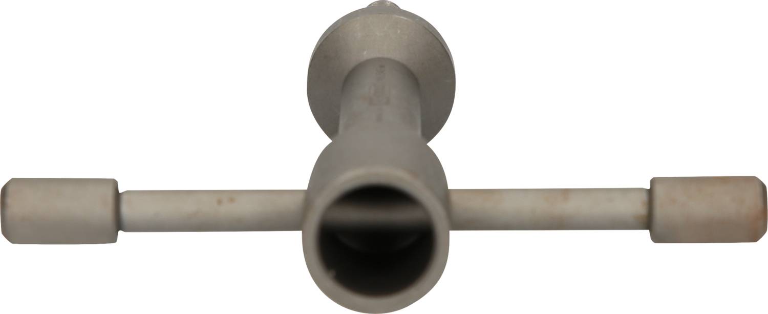 Metallic T-shaped tool with a cylindrical handle, aligned in a front view.