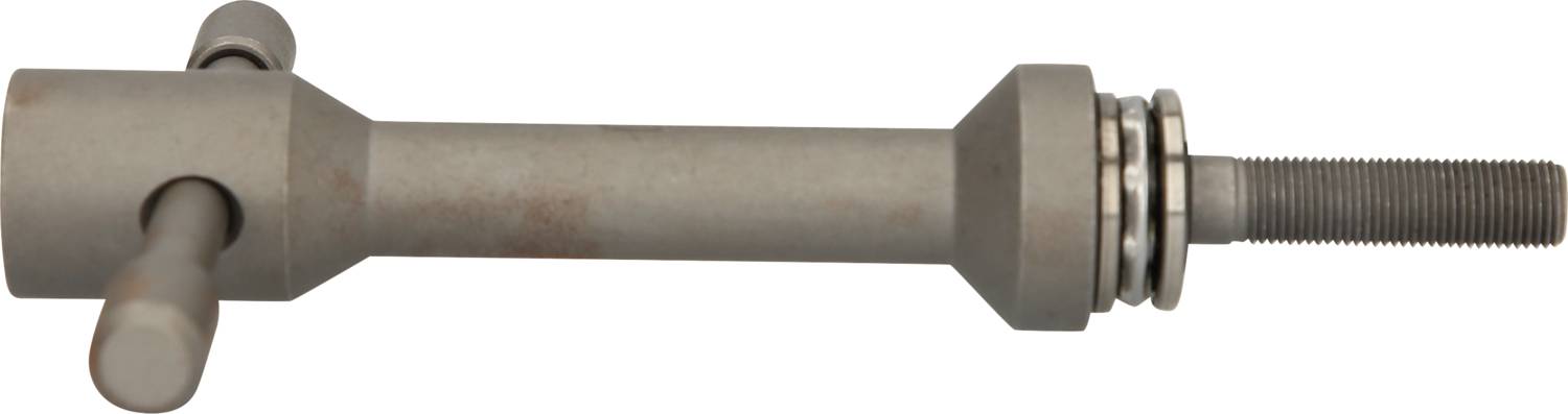 A silver metal tool with a cylindrical central section, a handle at one end and a threaded end at the other.
