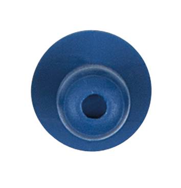 A blue, round plastic component with a central hole, potentially a sealing or connecting element.