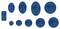 Ten blue suction cups of various shapes and sizes, evenly arranged on a white background.