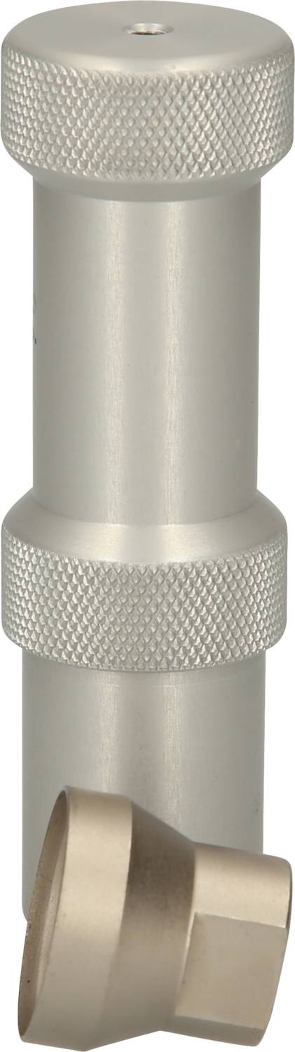 A silver metal tool with a detachable cylindrical component, used for precise mechanical applications.