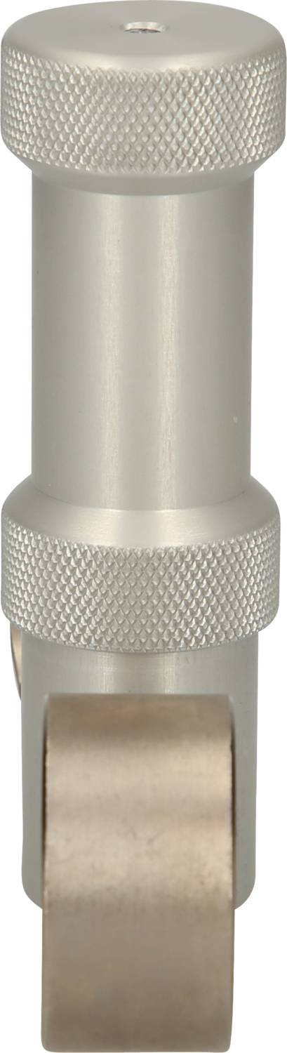 A metallic tool with a cylindrical handle and knurled surface, with a roller at the bottom for smoothing or guiding.