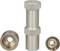 Metallic punching tool components with a cylindrical punch and two round dies, with the left one larger than the right.