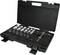 An open toolbox with socket sets and a screwdriver. Spare parts neatly arranged in various sizes and shapes.