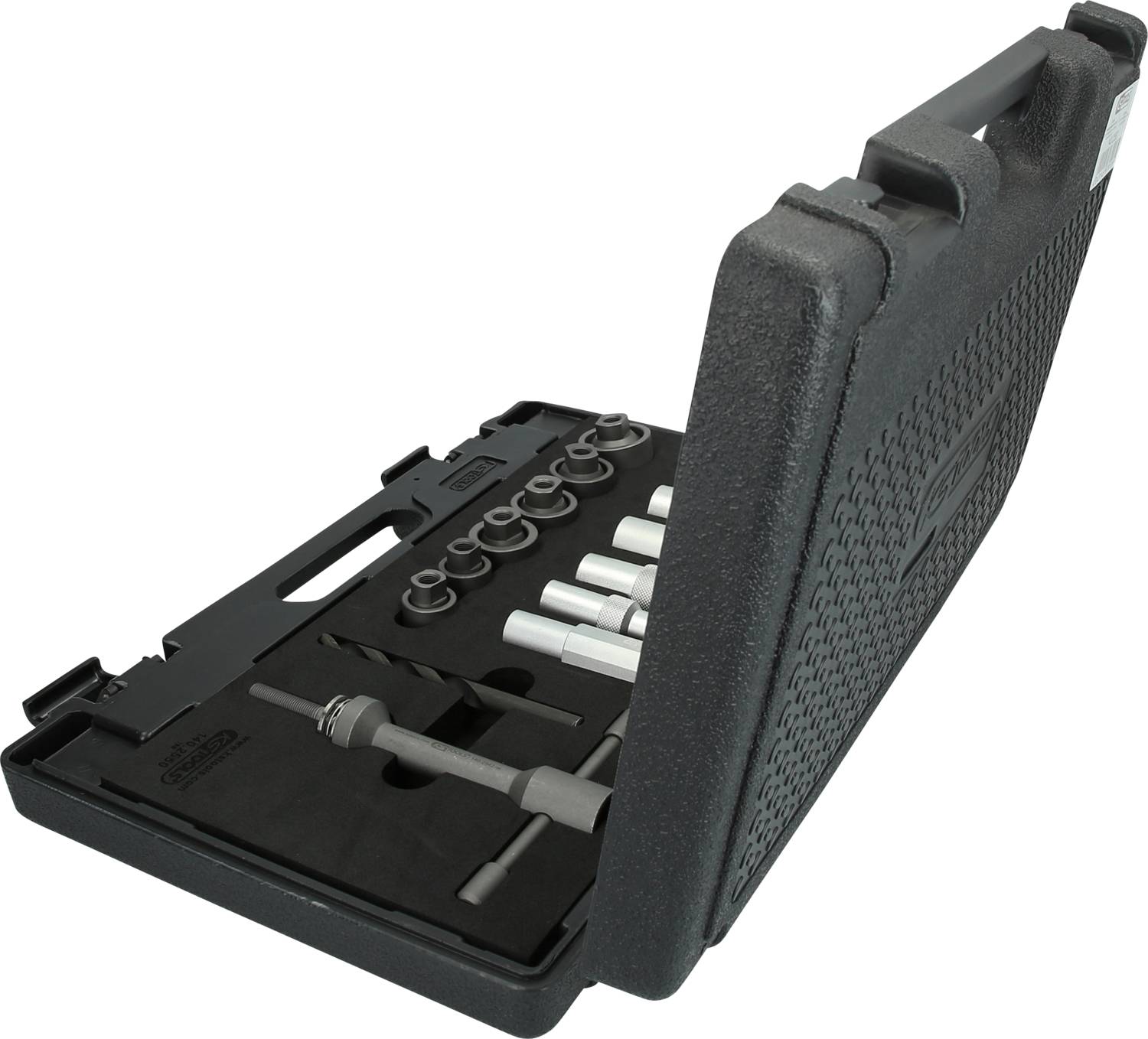 An open black tool case with various socket wrenches and accessories, carefully arranged in compartments.