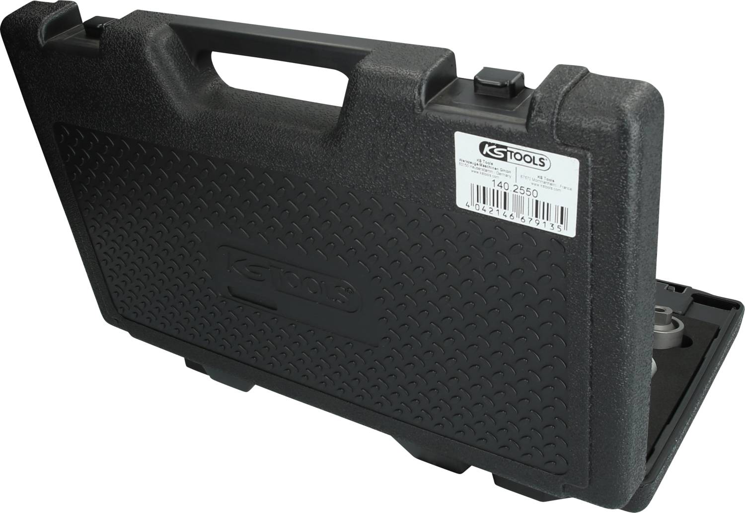 A black tool case with 'KS TOOLS' printed on it and a handle. The case is closed and slightly angled.