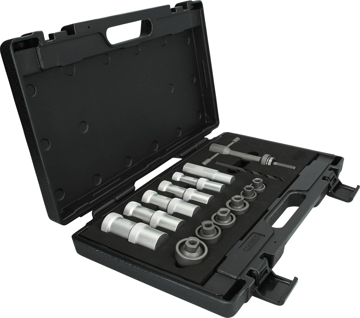 'Pulley Extractor Set for Toothed Pulleys' in a black tool case with several cylindrical metal inserts and tools.