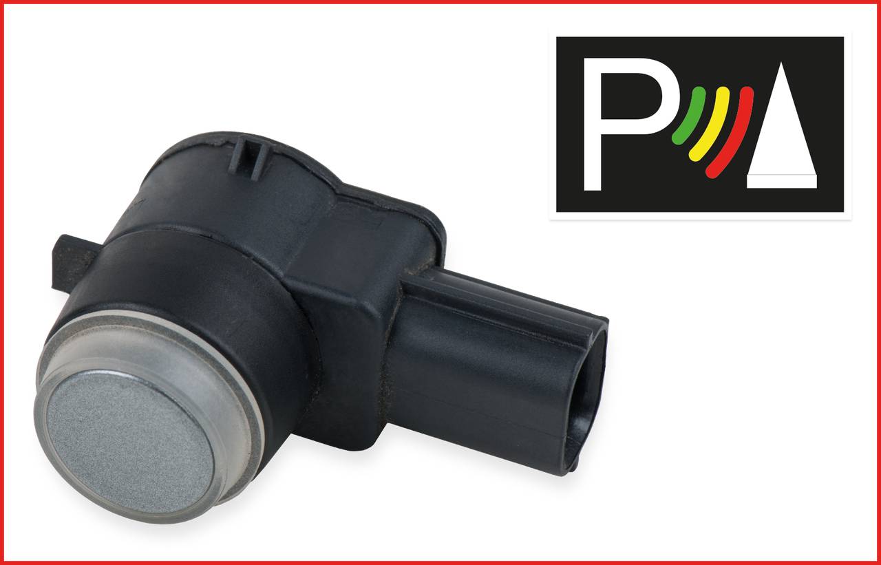 A parking sensor in black with a round, silver head. Top right is a symbol with a 'P', wavy lines, and a cone.