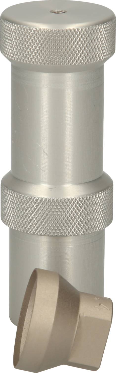 Metal cylinder and matching cap, both with knurled surfaces for better grip.