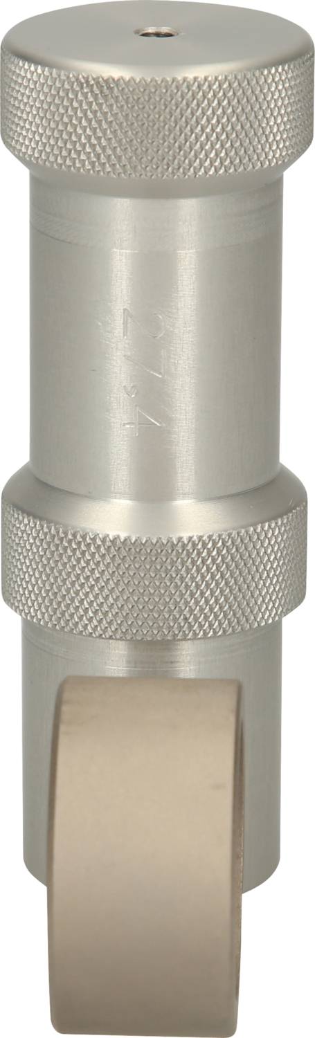 Metallic cylindrical device with knurled edges and a vertically mounted roller. Suitable for industrial applications.
