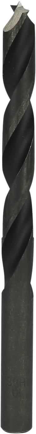A black twist drill bit, suitable for drilling into metal and wood, with a sharp point and spiral design for effective drilling.