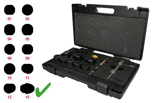 Black tool case opened, showing various tool inserts. Numbers from 01 to 15 are displayed on the left side of the image. Number 15 is marked with a green tick.