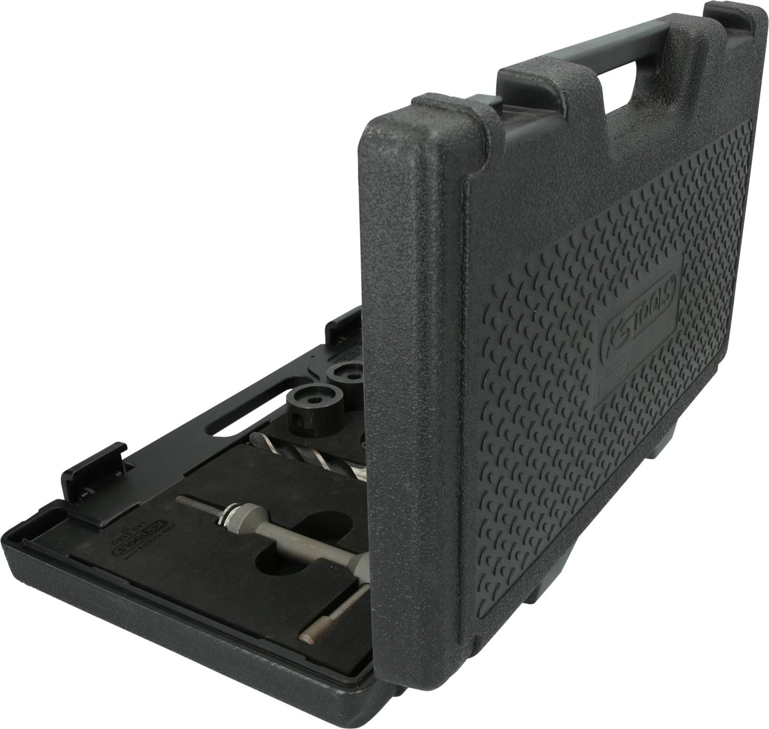 Black plastic toolcase with handle, partially open, showing a tool set with various drill bits and accessories.