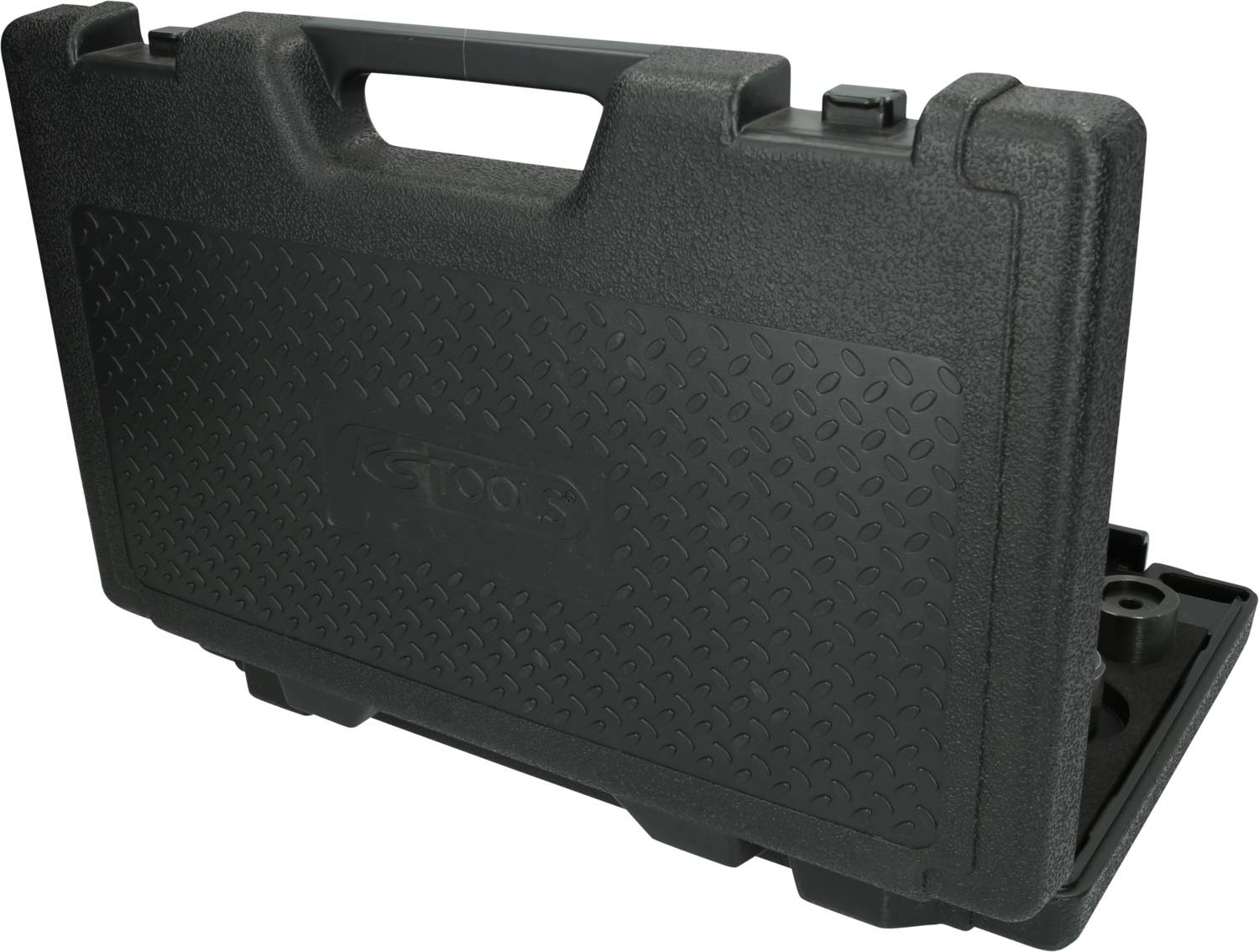 Black, robust tool case with textured handle and rough surface, standing in an open position.