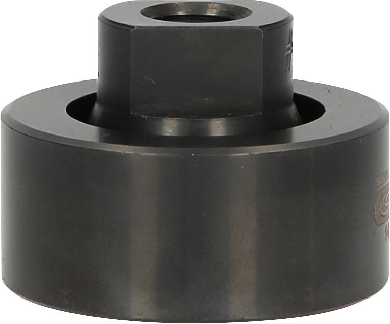 Black metal tool with a cylindrical body and hexagonal nut at the top, used for mechanical applications.