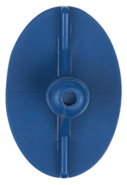 Blue, oval object with a central hole and a raised line through the centre.