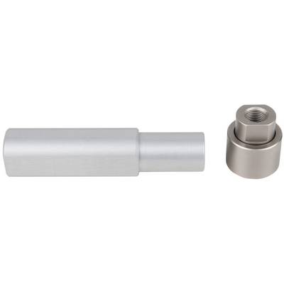 Two metallic spare parts made of silvery metal, cylindrical in shape. On the left, a longer cylinder, on the right, a shorter one with threading at the top.