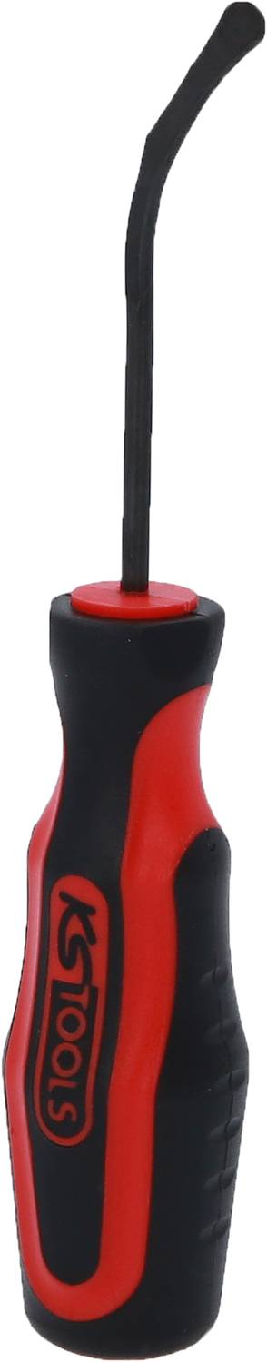 A red and black screwdriver with an ergonomic handle and curved metal head, suitable for precision work.