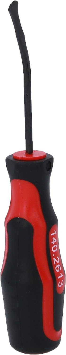 A red and black screwdriver with an ergonomic handle and curved tip.