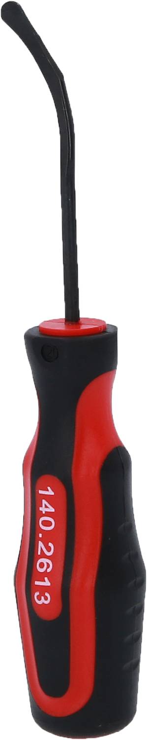 A red and black screwdriver with a bent end and the inscription '1402613' on the handle.