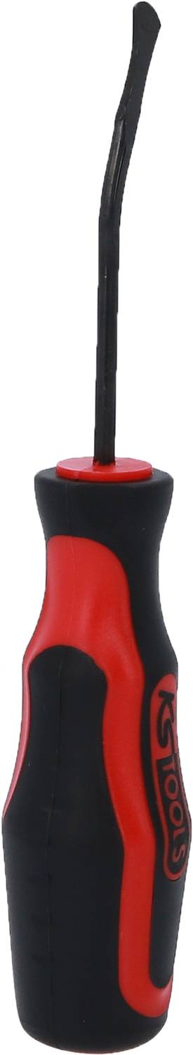 Black and red screwdriver with a curved flathead, suitable for loosening specific screws in electronics.