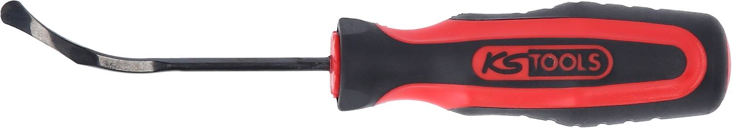 Screwdriver with black and red handle. The blade is flat and curved.