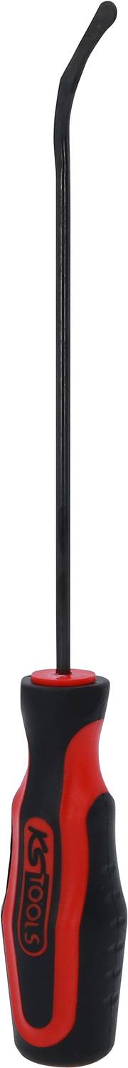 A curved screwdriver with a red and black ergonomic handle, suitable for tight or hard-to-reach spaces.