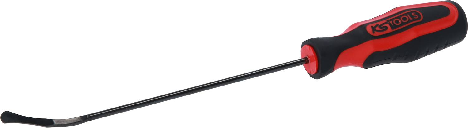 Long-handled hand tool with a black metal rod and a red, ergonomic grip. Used for precise work or leverage applications.