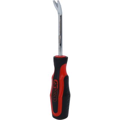 Screwdriver with a red and black handle and a metallic, curved head, suitable for levering or screwing.