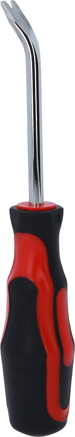 Screwdriver with a curved metal head and red-black plastic handle, suitable for precision work and hard-to-reach areas.